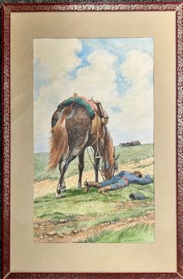 tableau représentant un cheval en train de brouter dans un champ, avec un homme allongé par terre à côté de lui