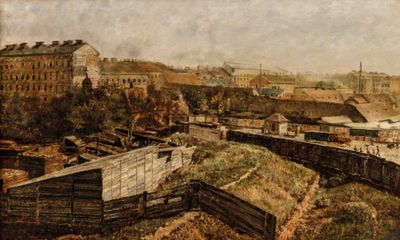 a painting of a train going down the tracks