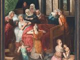 une image représentant un tableau où l'on voit une femme allongée dans un lit, entourée d'autres femmes