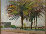 an oil painting of a palm tree and a bench in a park