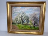 une peinture à l'huile représentant un paysage avec des arbres et un chemin de terre