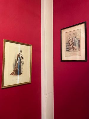 two framed pictures on a red wall in a bathroom