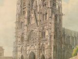 an old painting of a large cathedral with people walking around it