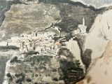 a drawing of a view of a town on a hill
