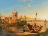 un tableau représentant un bateau sur l'eau près d'un château