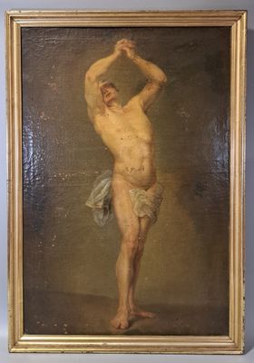 tableau représentant un homme nu avec une serviette, dans un cadre doré