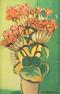 une peinture de fleurs dans un vase sur une table