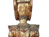 an image of a wooden statue of a person with a helmet on