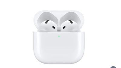 an apple airpods with a charging case on a white background