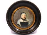 an old painting of a woman in a black dress with a white bonnet