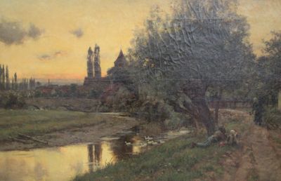 un tableau représentant une vue sur une rivière avec une église en arrière-plan