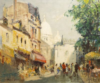 une peinture à l'huile représentant une scène de rue avec des personnes marchant dans la rue