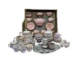 a picture of a collection of pink and white dishes and cups