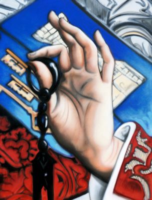 a painting of a hand holding a pair of scissors