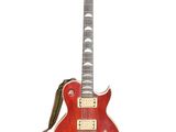 une image représentant une guitare électrique rouge posée sur une surface blanche