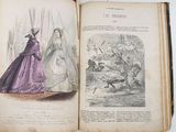 an open book with a drawing of a woman in a purple dress