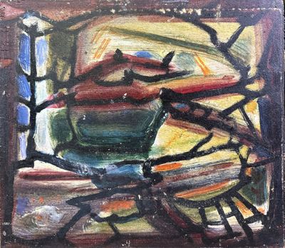 une peinture à l'huile représentant un bol de fruits posé sur un rebord de fenêtre