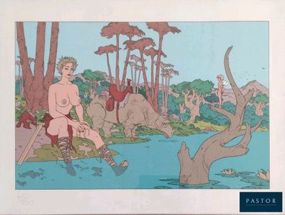 tableau représentant un homme nu assis sur un banc au bord d'un plan d'eau