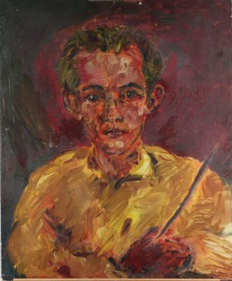 une peinture à l'huile représentant un homme en chemise jaune tenant un couteau