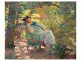 an oil painting of a woman sitting on a bench in the woods