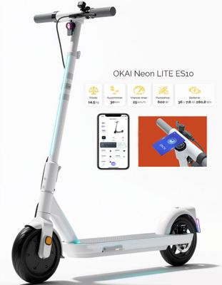 Trottinette électrique Okai S10 Neon Lite White, 600 W, vite…