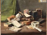 un tableau représentant de vieux livres posés sur une table, avec des feuilles de papier