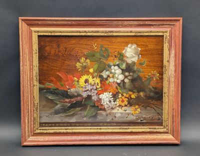 an image of a painting of flowers in a vase on a table