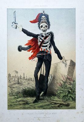tableau représentant un homme déguisé en squelette tenant un pistolet