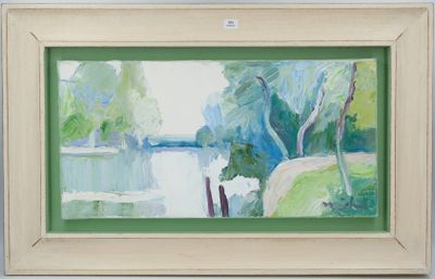 une peinture à l'huile représentant une scène de rivière avec des arbres et de l'eau