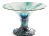 un bol en verre posé sur un socle, sur fond blanc