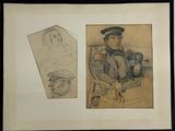 two drawings of a man and a woman sitting on a bench