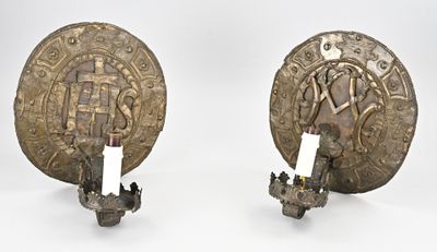 pair of antique brass wall sconces with ornate designs