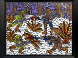 painting of a group of people playing a game of frisbee in the snow