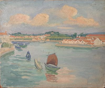 une peinture de bateaux sur l'eau dans un port