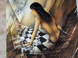 a painting of a woman sitting on a checkered floor next to a painting of a man