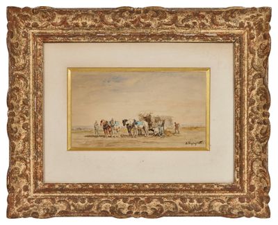 a painting of a group of people on horses in a field