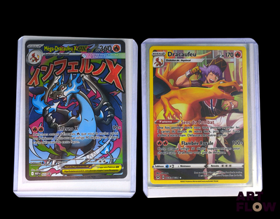 two pokemon cards in a plastic case on a black background