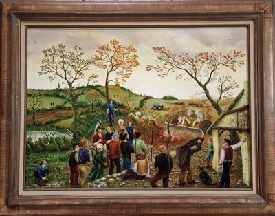 an oil painting of a group of people working in a field
