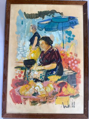 tableau encadré représentant une femme vendant des fruits et légumes sur un marché