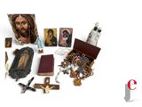 a collection of religious items on a white surface