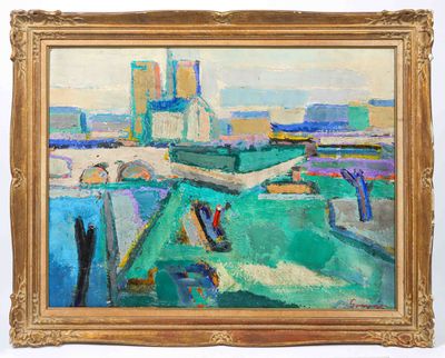 an oil painting of a cityscape in a gold frame on a white wall