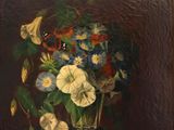 painting of a vase of flowers with a butterfly on top of a book