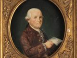 a painting of a man in a brown coat holding a book