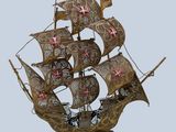 an image of a metal model of a pirate ship on a stand