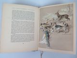 an open book with a picture of a woman and animals on it