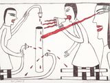 dessin représentant une femme qui se brosse les dents devant un miroir tandis qu'une autre femme se brosse les dents