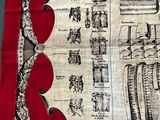 a picture of a red and white table cloth with a picture of a boat and other items