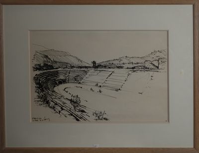 dessin représentant une voie ferrée dans un cadre en bois accroché au mur
