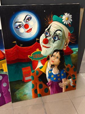 tableau représentant un clown et une femme devant un chapiteau de cirque
