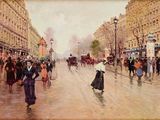 une peinture de personnes marchant dans la rue sous la pluie